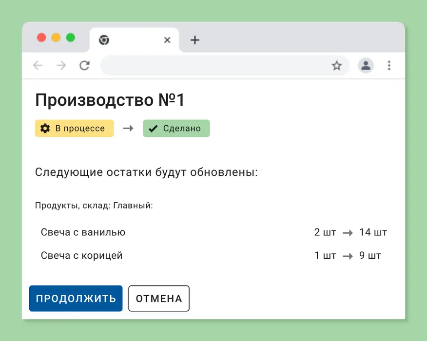 Автоматическое оприходование продукции из производства на склад