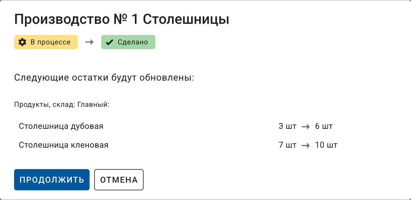 Автоматическое оприходование продукции из производства на склад